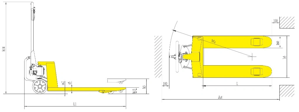 Rozmery ručného paletového vozíka s mechanickým pomocným pohonom RPVM2500