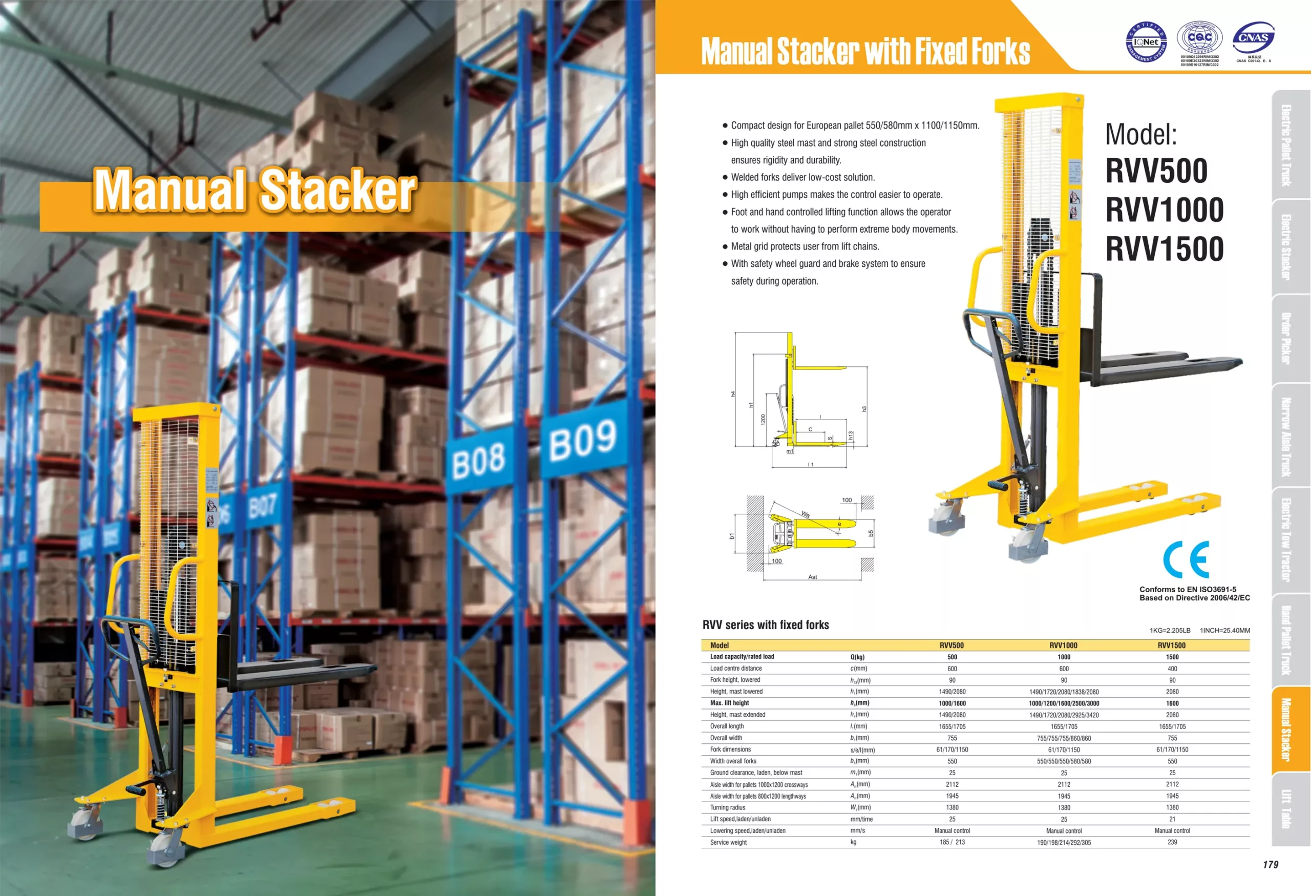 Hydraulický stohovací vozík RVV500 s ručným a nožným zdvíhaním