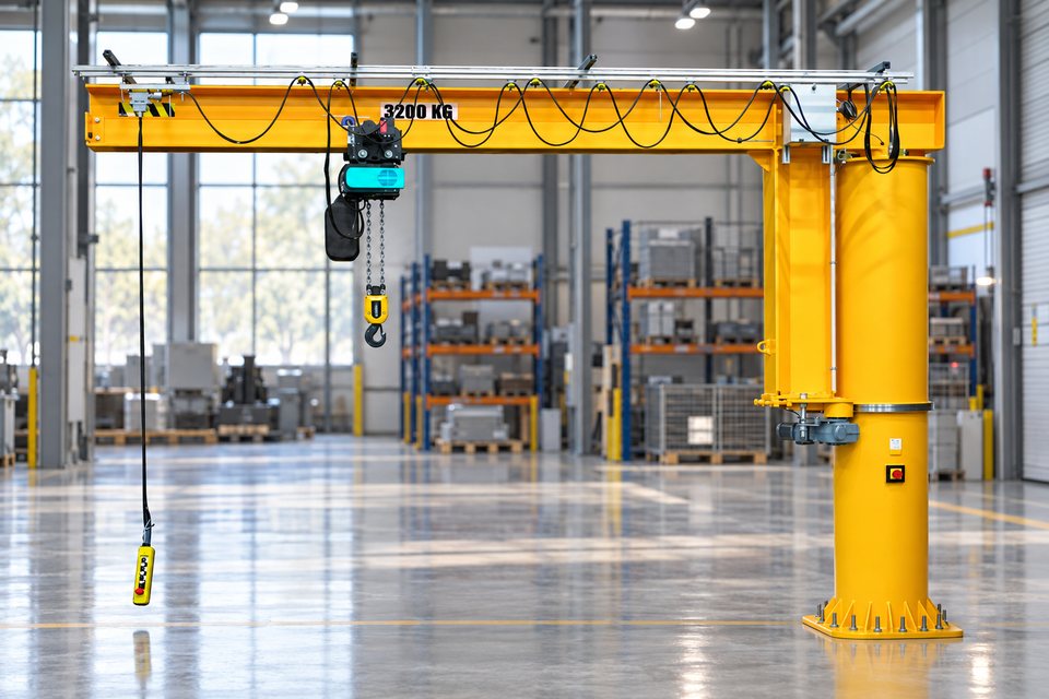 Plne otočný stĺpový výložníkový žeriav Comege RSD s elektrickým reťazovým kladkostrojom v priemyselnej hale